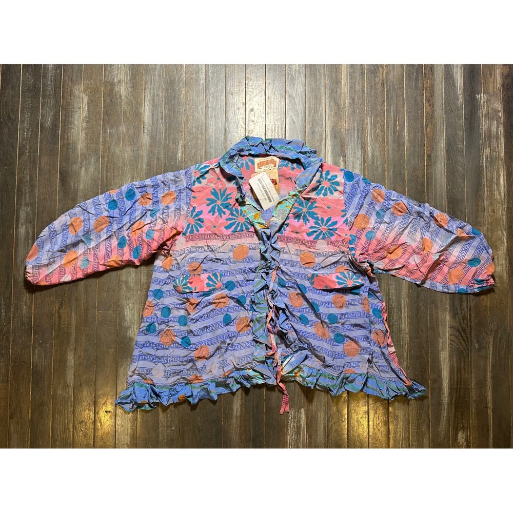 Kantha Bae Crepe Sari Ruffle Daisy Blouse Blue Pink Floral Boho Top